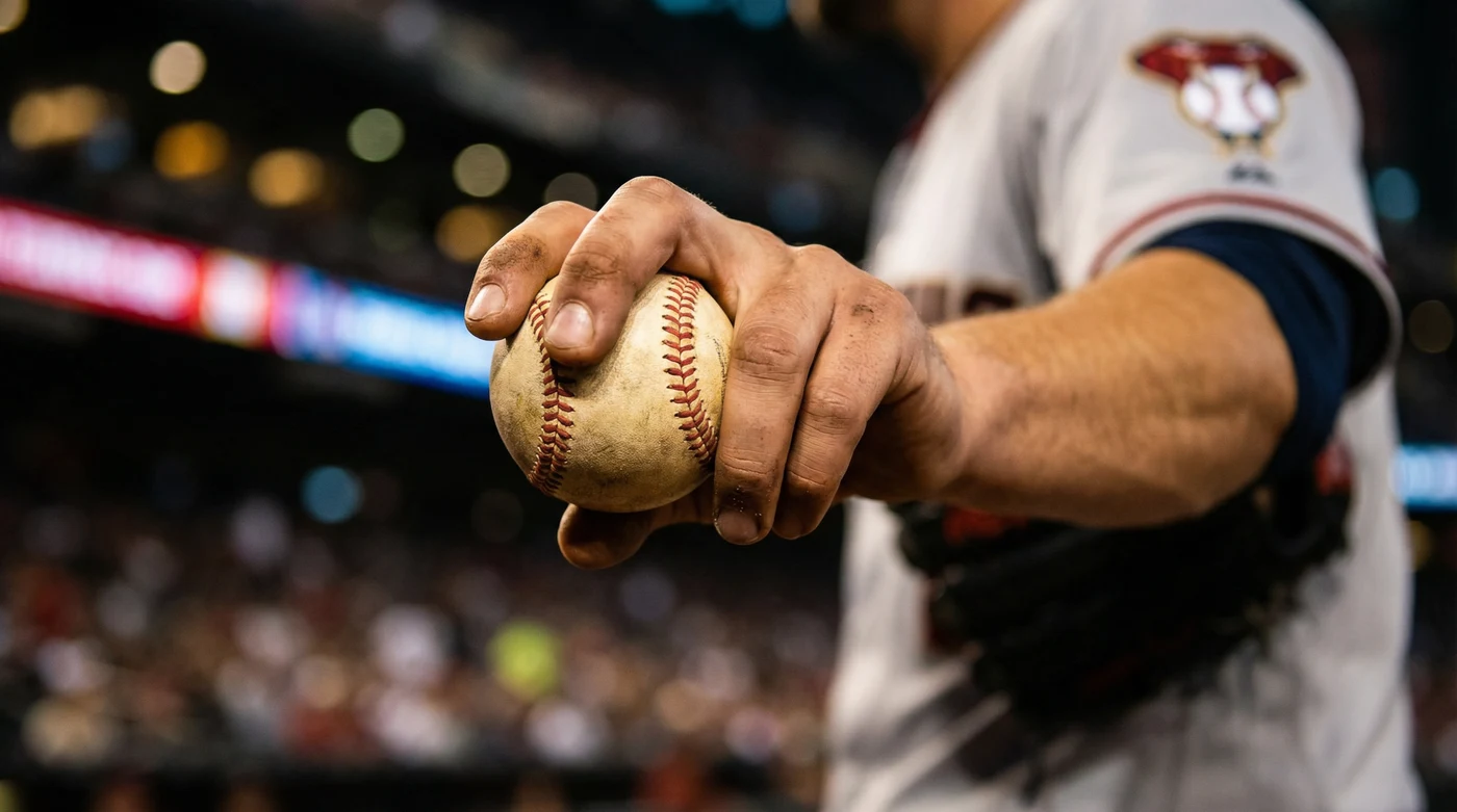 投手握球特写展示四缝线快速球握法